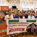 Alan Mak MP with exhibitors at his 4th annual Havant Constituency Health & Wellbeing Fair held at Emsworth Baptist Church