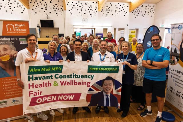 Alan Mak MP with exhibitors at his 4th annual Havant Constituency Health & Wellbeing Fair held at Emsworth Baptist Church