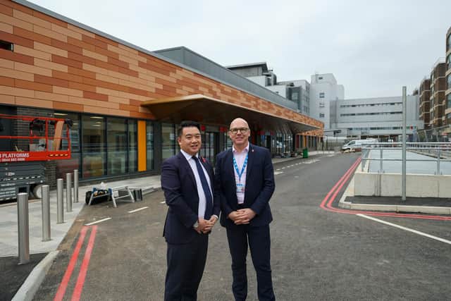 Alan Mak MP and Mark Orchard, Deputy Chief Executive of Portsmouth Hospitals University NHS Trust, outside the new QA Emergency Department