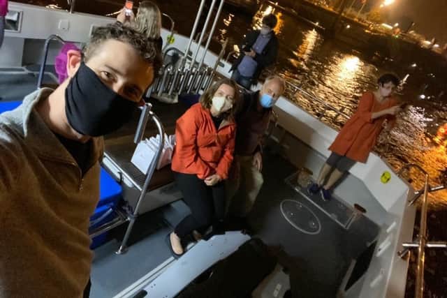 Members of Dunedin Consort Orchestra aboard Valkyrie fishing boat as they looked to beat Saturday's 4am quarantine deadline