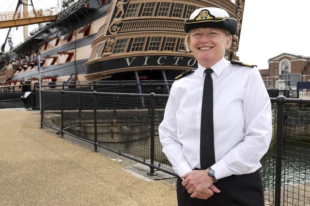 Cdre Jude Terry OBE in front of HMS Victory. Picture: LPhot Ben Corbett/Royal Navy