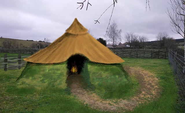 An artists impression of what the new roundhouse at Butser Ancient Farm will look like.