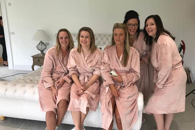 (Left to right) Kate Hawkins, Kelly Edney, Natalie Crawford, Sally Wolfenden and Ria Jordan who were pictured in the Pink Lady Calendar 2022. Pic Ria Jordan.