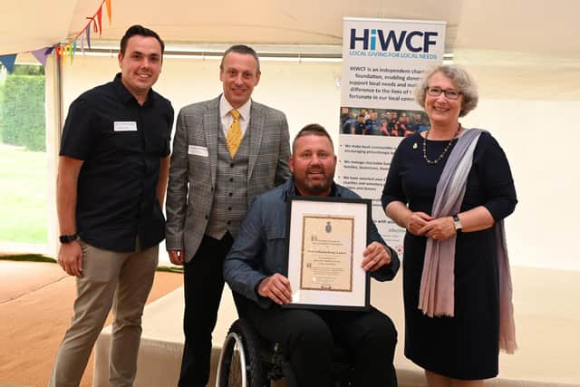 Heart of Hayling Boxing Academy coaches (from left) Stuart Grover, Paul Nelham and Knox White with the High Sheriff of Hampshire for 2020/21, the Rev Sue Colman. Picture:  Joe Low
