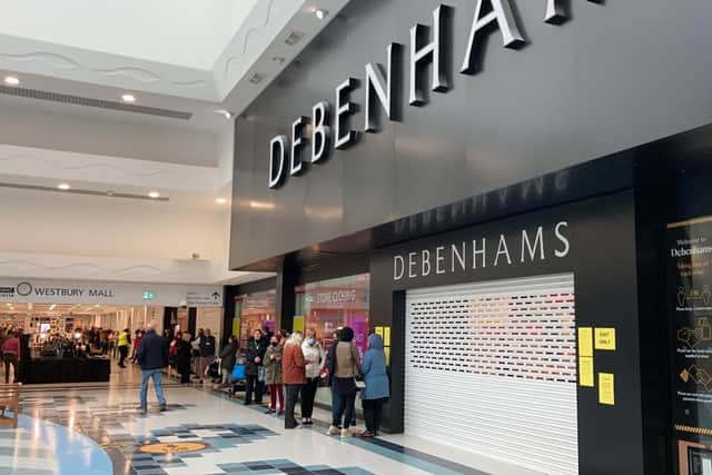 Non-essential shops, hairdressers, gyms and beer gardens/outdoor dining areas open in Fareham as part of the government's roadmap out of coronavirus lockdown on April 12, 2021. 

The queue for Debenhams in Fareham Shopping Centre, which is opening only to close down at the beginning of May 


Picture: Kimberley Barber