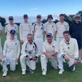 Champions Hambledon 2nds. Back (from left): Ian Turner, Steve Ripiner, Joel Eastment, Will Parvin, Jonny Pratt, Jake Carvell, Steve Parvin (umpire). Front: Lewis Le Clercq, Oscar Mann, Mark Le Clercq, Dave Mann, Mackie Hobson.