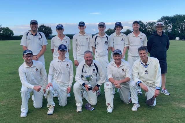 Champions Hambledon 2nds. Back (from left): Ian Turner, Steve Ripiner, Joel Eastment, Will Parvin, Jonny Pratt, Jake Carvell, Steve Parvin (umpire). Front: Lewis Le Clercq, Oscar Mann, Mark Le Clercq, Dave Mann, Mackie Hobson.