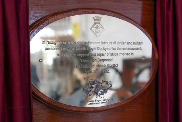 The inscription on the plaque honouring Portsmouth's dockyard workers who helped mobilise the Royal Navy task force in 1982 to liberate the Falklands. Photo: Royal Navy