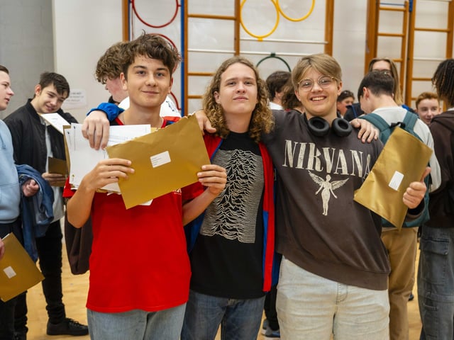 Joe Brough, Drew Blatch and Dale Cook celebrate their results at Admiral Lord Nelson School.