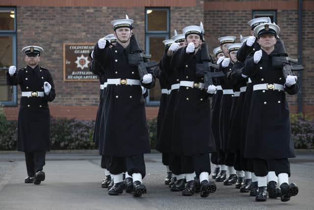 Pictured: Sailors take part in an official inspection at Victoria Barracks, prior to taking over Royal Duties from the Army at Windsor Castle.
Credit: LPhot Dan Rosenbaum, FRPU(E)