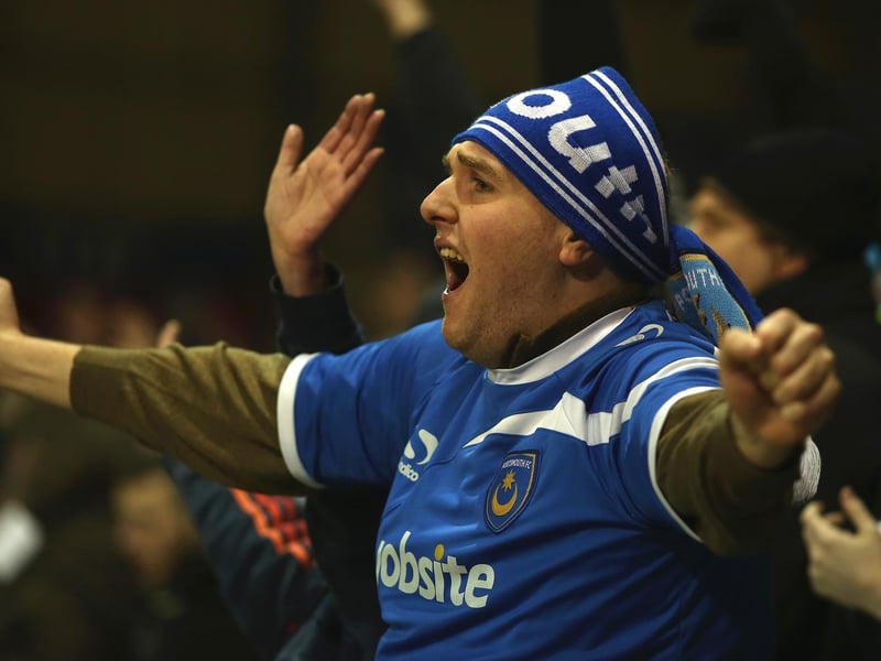 A Pompey fan celebrates a goal during an FA Cup replay against Ipswich at Fratton Park in January  2016. Photo by Harry Murphy/Getty Images