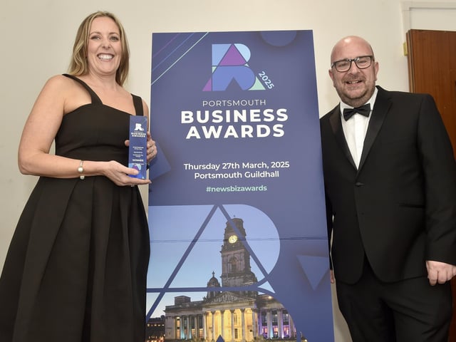 Sarah Roads from SLR Marine Recruitment Solutions who won Small Business of the Year award with Cllr. Steve Pitt, leader of Portsmouth City Council. Picture: Sarah Standing (270325-1251)