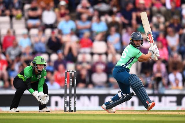 Alice Capsey, pictured batting for Oval Invincibles in the Hundred, starred as South East Stars knocked Southern Vipers off the top of their Charlotte Edwards Cup qualifying group. Photo by Harry Trump/Getty Images.