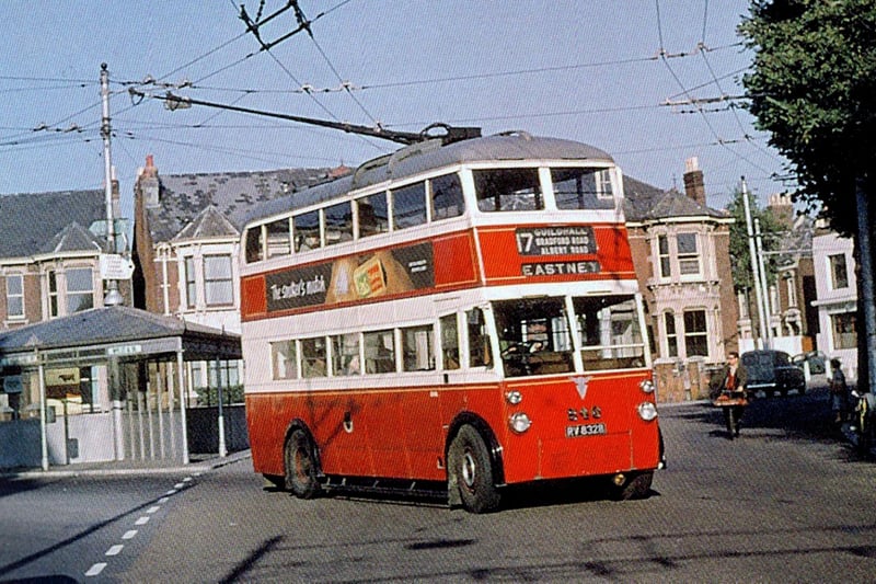 The Portsmouth Trolleybus service was first introduced in August 1934 and covered most of the island and up to Cosham. The trolleybuses themselves were like normal double decker buses but were powered by overhead power cables like trams. The trolleybus service continued until 1963 and then the wires were torn down. Pictured: Trolley bus turning out of Bradford Road into Victoria Road North