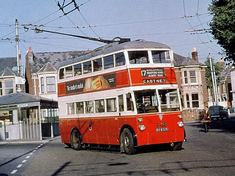 The Portsmouth Trolleybus service was first introduced in August 1934 and covered most of the island and up to Cosham. The trolleybuses themselves were like normal double decker buses but were powered by overhead power cables like trams. The trolleybus service continued until 1963 and then the wires were torn down. Pictured is a trolley bus turning out of Bradford Road into Victoria Road North