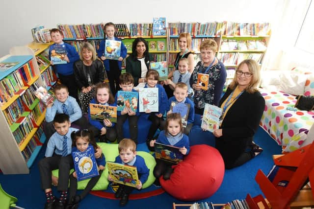 Suella Braverman joined primary school children at St Columba, Fareham, to open their new 'reading oasis.'