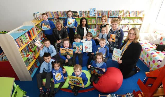 Suella Braverman joined primary school children at St Columba, Fareham, to open their new 'reading oasis.'