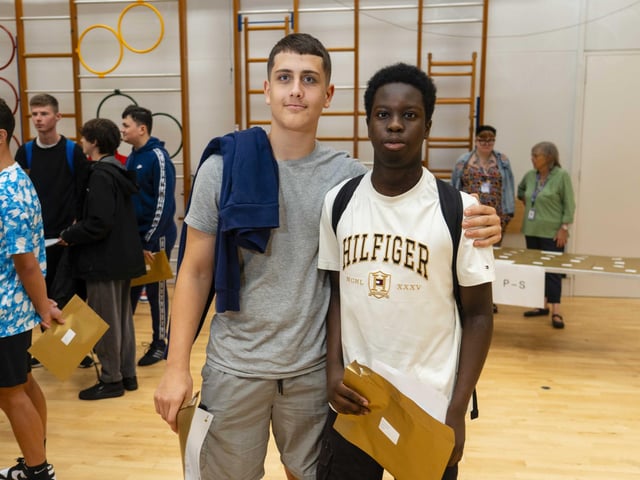 Blake Kerley and Nazin Mohamed celebrate their results at Admiral Lord Nelson School.