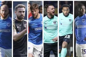 Out-of-contract Pompey players (from left-right): Connor Ogilvie, Clark Robertson, Michael Jacobs, Ryan Tunnicliffe, Louis Thompson, and Jay Mingi.