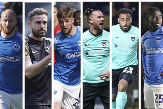 Out-of-contract Pompey players (from left-right): Connor Ogilvie, Clark Robertson, Michael Jacobs, Ryan Tunnicliffe, Louis Thompson, and Jay Mingi.