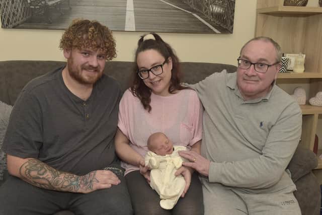 Kirsty McLaughlin (35) from Gosport, gave birth to her second son Ellis Holloway on Saturday January 14, 2023 on Portsdown Hill with her partner Owen Holloway (35) who delivered the baby and dad Ray Laughlin (59) directed traffic and the ambulances.Picture: Sarah Standing (190123-8429)