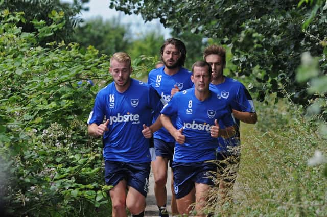 Jack Whatmough, Michael Doyle, Adam Barton and Brandon Haunstrup completing a Portchester run in pre-season 2016. Picture Ian Hargreaves  (160855-30)