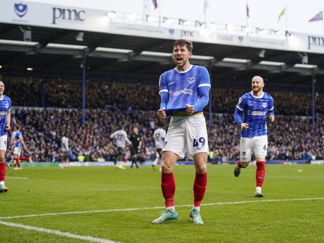 Callum Lang soaks up the applause of the Pompey fans after handing the Blues a 3-0 lead on 59 minutes