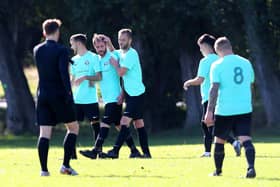 Queens Head celebrate another goal in their 10-3 Hampshire cup win over City of Portsmouth Sunday League side AFC Lakesdie Refit at Cosham's King George Playing Fields. Picture: Chris Moorhouse (jpns 031021-30)
