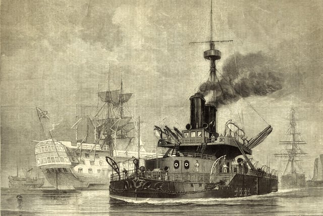 An engraving of HMS Thunderer a Devastation-class mastless steam propelled turret armed ironclad warship of the Royal Navy armed with four RML 12-inch (305 mm) rifled muzzle-loading guns at sea following her commissioning on 26 May 1877 at the Royal Dockyard Portsmouth, Portsmouth, England.  Original publication: Illustrated London News. (Photo by Illustrated London News/Hulton Archive/Getty Images)