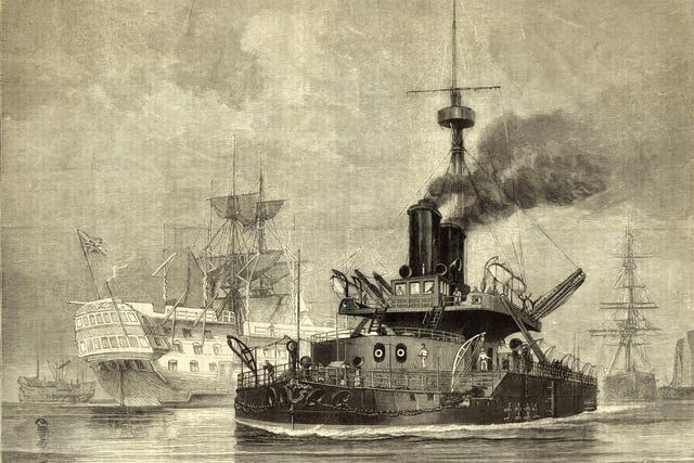 An engraving of HMS Thunderer a Devastation-class mastless steam propelled turret armed ironclad warship of the Royal Navy armed with four RML 12-inch (305 mm) rifled muzzle-loading guns at sea following her commissioning on 26 May 1877 at the Royal Dockyard Portsmouth, Portsmouth, England. Original publication: Illustrated London News. (Photo by Illustrated London News/Hulton Archive/Getty Images)