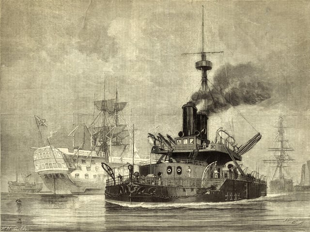 An engraving of HMS Thunderer a Devastation-class mastless steam propelled turret armed ironclad warship of the Royal Navy armed with four RML 12-inch (305 mm) rifled muzzle-loading guns at sea following her commissioning on 26 May 1877 at the Royal Dockyard Portsmouth, Portsmouth, England. Original publication: Illustrated London News. (Photo by Illustrated London News/Hulton Archive/Getty Images)
