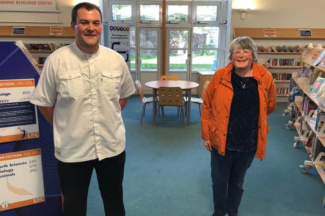 Callum Underwood, catering manager at Bridgemary School, with retiring staff member Sue McIntosh.