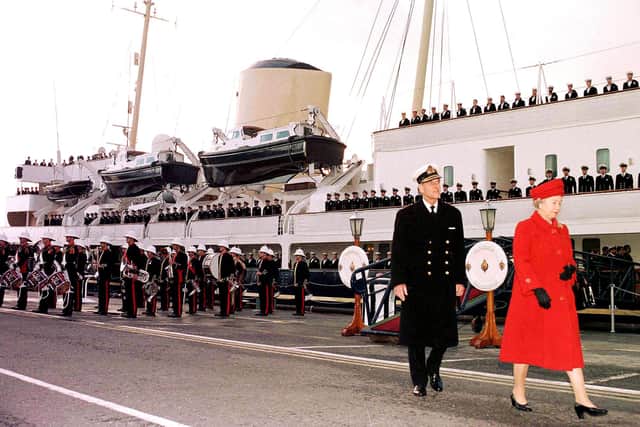 File dated 11/12/97 of The Duke of Edinburgh and The Queen leaving the Royal Yacht Britannia for the last time in Portsmouth. PA photos
