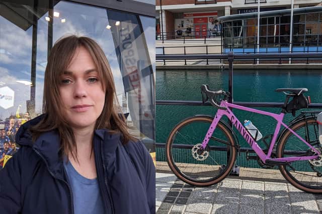Left Katharine Barker, right her Canyon bike that was stolen in Commercial Road on April 9, 2022