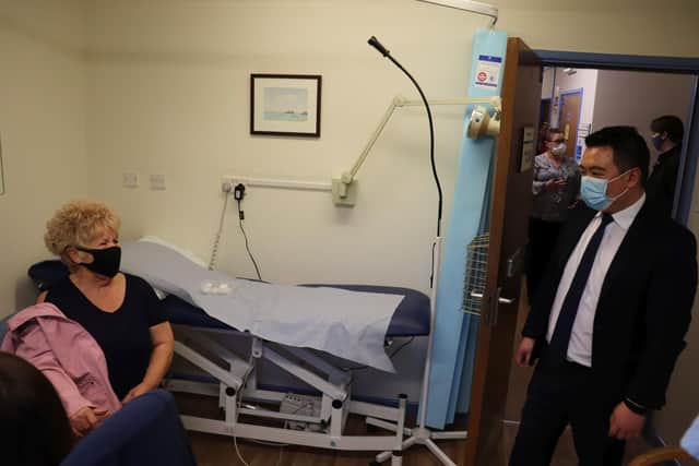 Alan meets one of the patients who has received her vaccine at the Hayling Health Centre. Picture: Office of Alan Mak