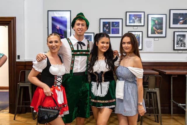 Uni friends at the Oktoberfest. Pictured: Kayleigh Mulchrone 23, Ethan Williams 21, Anna Palmer 21 and Lacey Millard 23. Picture: Mike Cooter (240922)