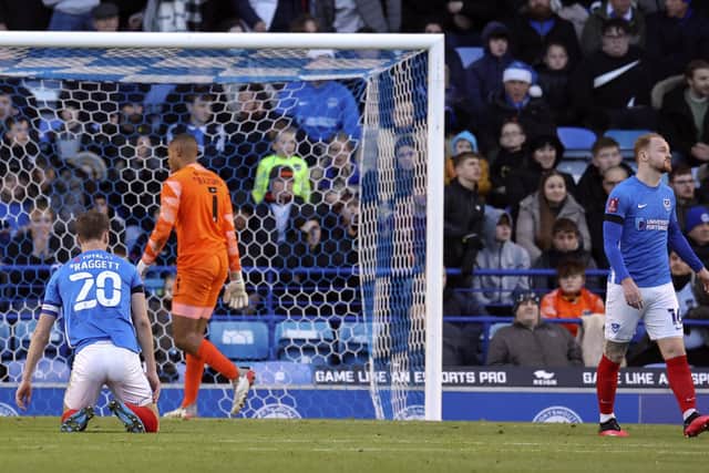 Pompey concede during their FA Cup second round loss to lower division Harrogate Town. Photo: Barry Zee