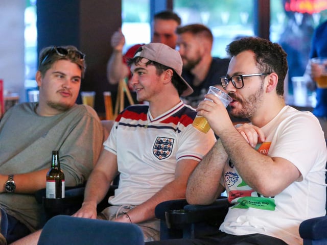 Fans watch Netherlands v England, UEFA Euros 2024 semi-final played in Dortmund, at Village Hotel, Lakeshore Drive, CoshamPicture: Chris  Moorhouse (100724-071)
