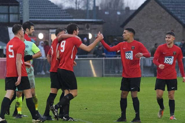 Fareham Town celebrate a goal in the FA Vase first-round triumph against Roman Glass St George. Picture: Keith Woodland (051220-415)