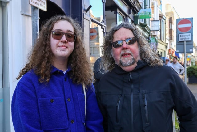Rhydian Mills and his father, Brian. he queue. Record Store Day 2024 at Pie & Vinyl, Castle Road, Southsea.Picture: Chris  Moorhouse