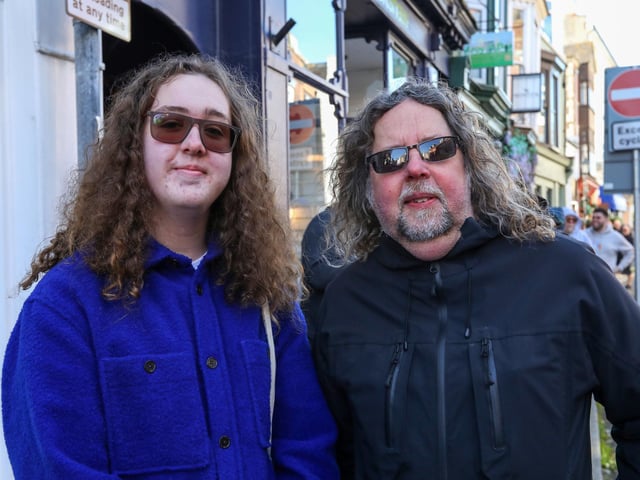 Rhydian Mills and his father, Brian. he queue. Record Store Day 2024 at Pie & Vinyl, Castle Road, Southsea.Picture: Chris Moorhouse