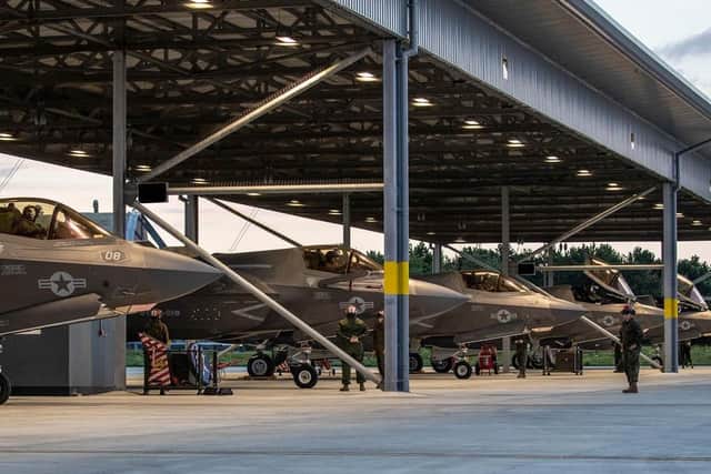 A total of 10 F-35B stealth jets, from the US Marine Corps, have landed in the UK. Pictured are some of the jets at RAF Marham in Norfolk. Photo: MoD