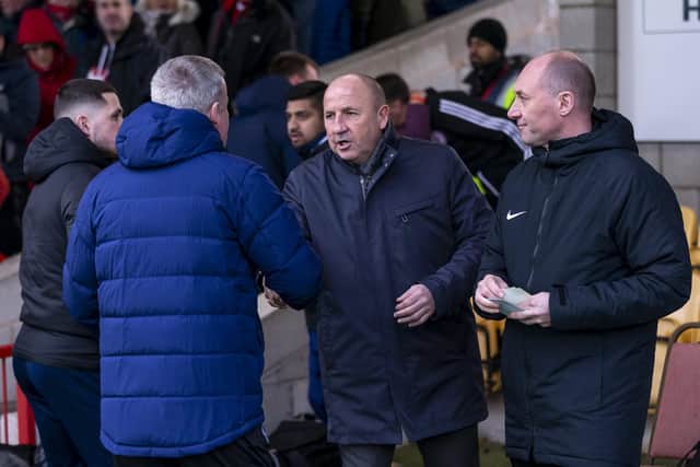 Pompey boss Kenny Jackett and Accrington counterpart John Coleman. Picture: Daniel Chesterton/PinPep