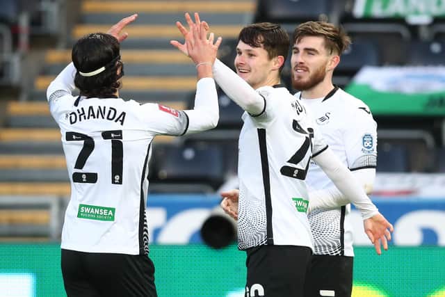 Swansea forward Liam Cullen, centre Picture: Dan Istitene/Getty Images