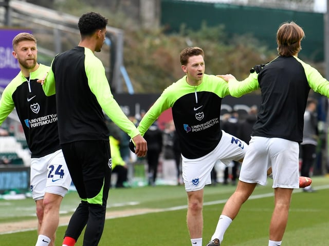 Portsmouth players warming up ahead of the EFL Sky Bet League 1 match between Plymouth Argyle and Portsmouth at Home Park, Plymouth, England on 11 February 2023.