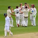 Craig Overton celebrates after taking a catch to dismiss Felix Organ at The Ageas Bowl today. Photo by Dan Mullan/Getty Images.
