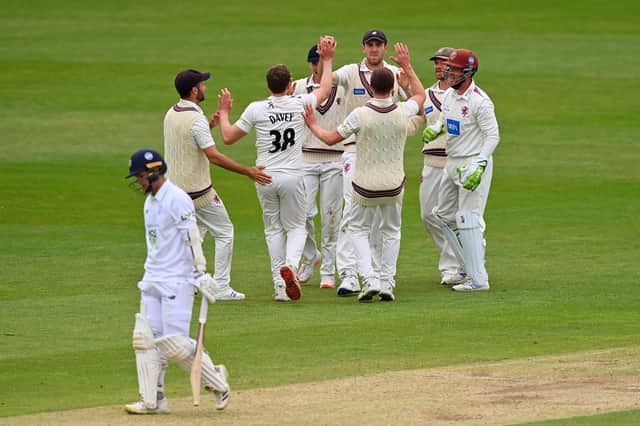 Craig Overton celebrates after taking a catch to dismiss Felix Organ at The Ageas Bowl today. Photo by Dan Mullan/Getty Images.