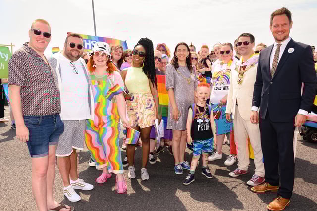 Pictured is: Lady Mayoress, Nikki Coles (Centre) , Mayor of Portsmouth, Councillor Tom Coles and Stephen Morgan MP (Right) with attendees at Portsmouth Pride.

Picture: Keith Woodland