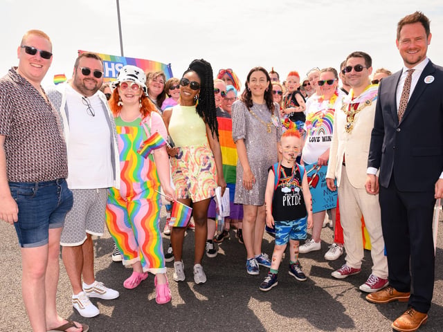 Pictured is: Lady Mayoress, Nikki Coles (Centre) , Mayor of Portsmouth, Councillor Tom Coles and Stephen Morgan MP (Right) with attendees at Portsmouth Pride.
Picture: Keith Woodland