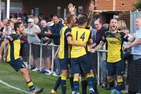 Moneyfields celebrate one of Steve Hutchings' goals in the FA Vase win over AFC Portchester in September. Picture: Neil Marshall